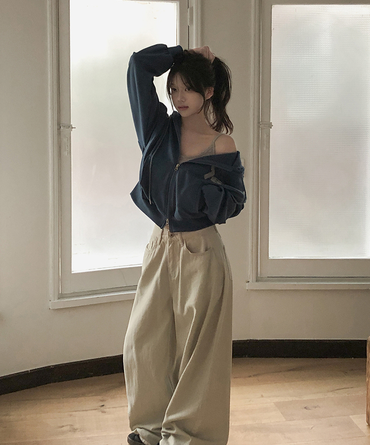 オーバーフィット長袖フードジップアップ BLUE