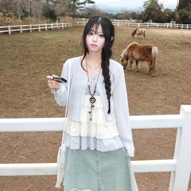 シースルーニット長袖カーディガン SKY BLUE