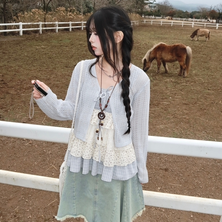 シースルーニット長袖カーディガン SKY BLUE