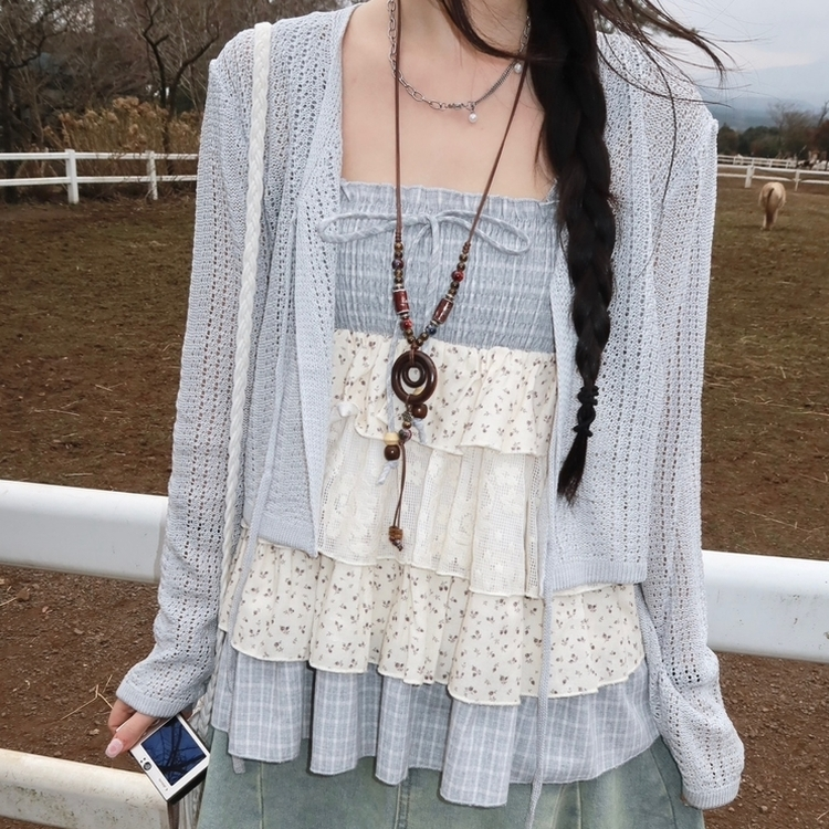 シースルーニット長袖カーディガン SKY BLUE