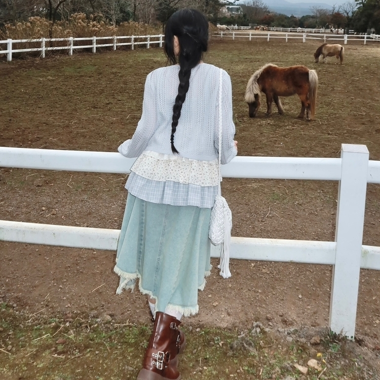 シースルーニット長袖カーディガン SKY BLUE