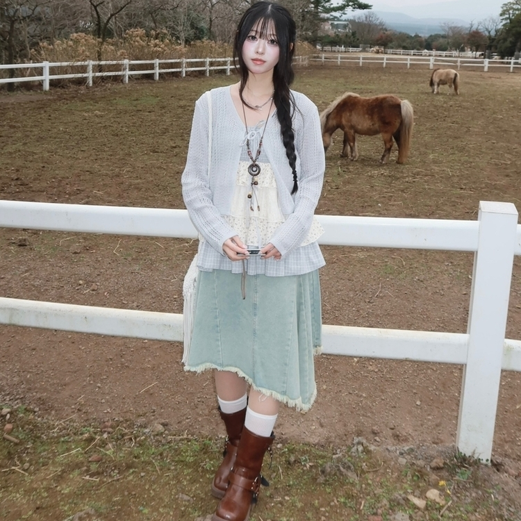 シースルーニット長袖カーディガン SKY BLUE