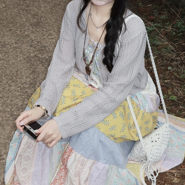 シースルーニット長袖カーディガン GREY