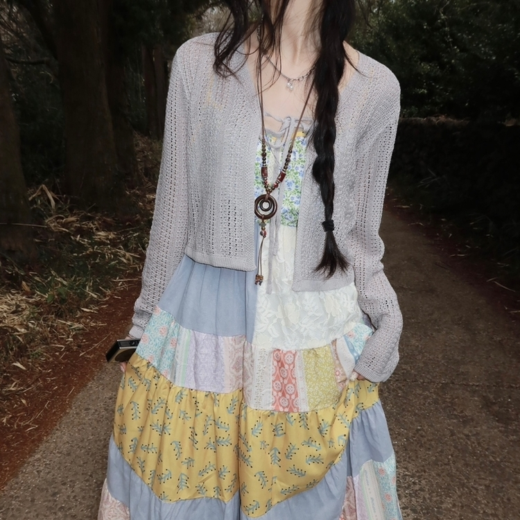 シースルーニット長袖カーディガン GREY