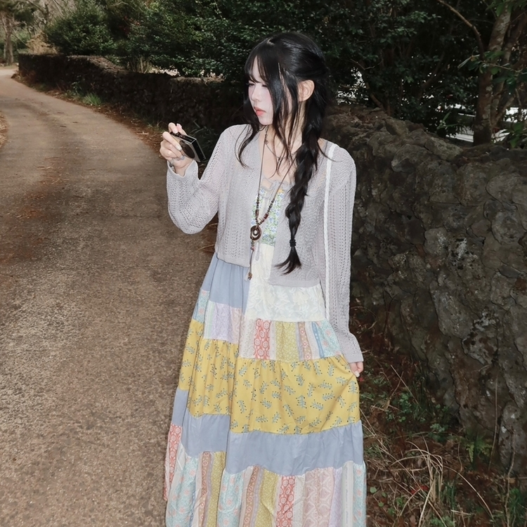 シースルーニット長袖カーディガン GREY