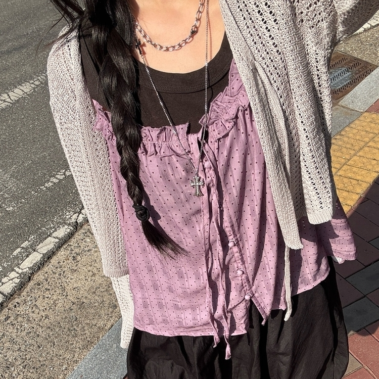 シースルーニット長袖カーディガン GREY