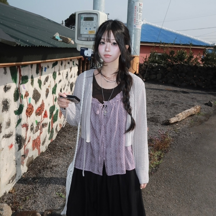 シースルーニット長袖カーディガン GREY