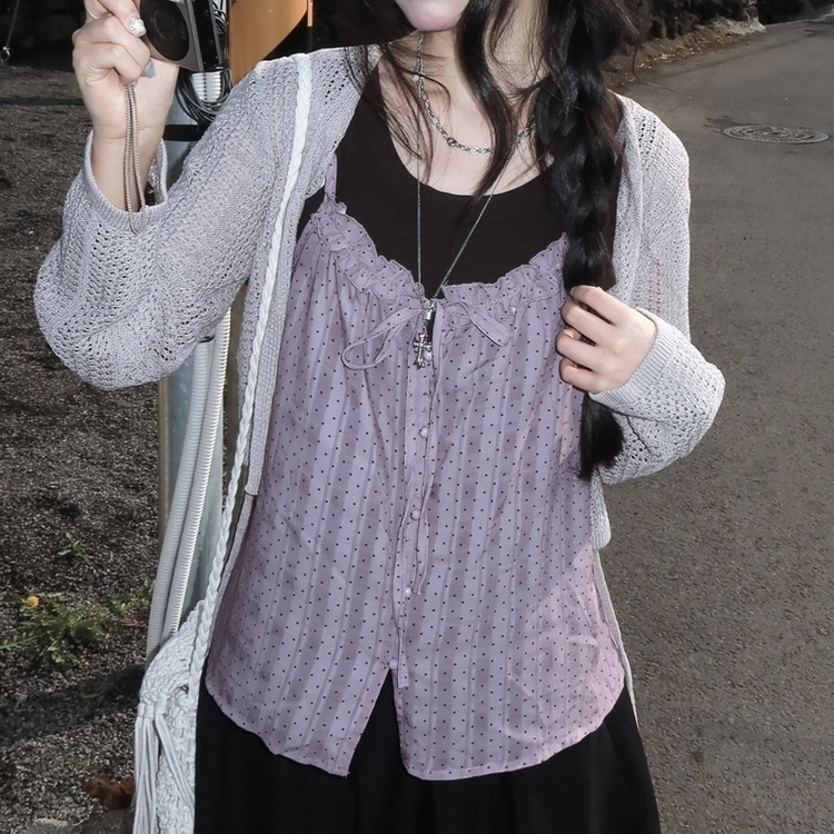 シースルーニット長袖カーディガン GREY