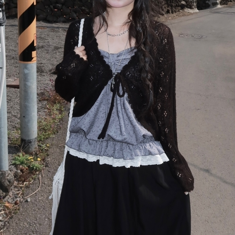 ビンテージシースルーニット長袖ボレロ(5color) BLACK