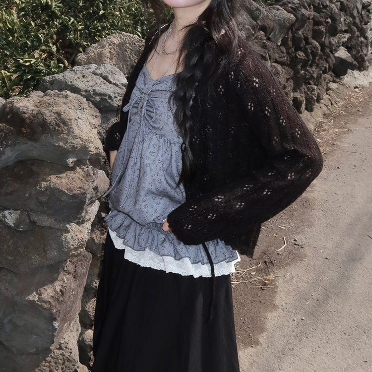 ビンテージシースルーニット長袖ボレロ(5color) BLACK