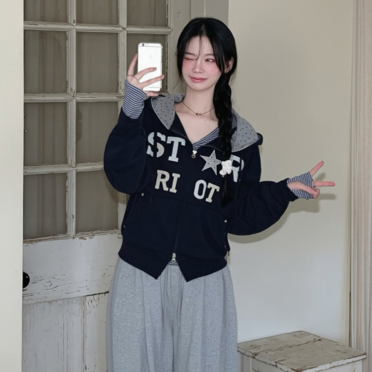 Y2Kセミクロップフードジップアップ DARK NAVY