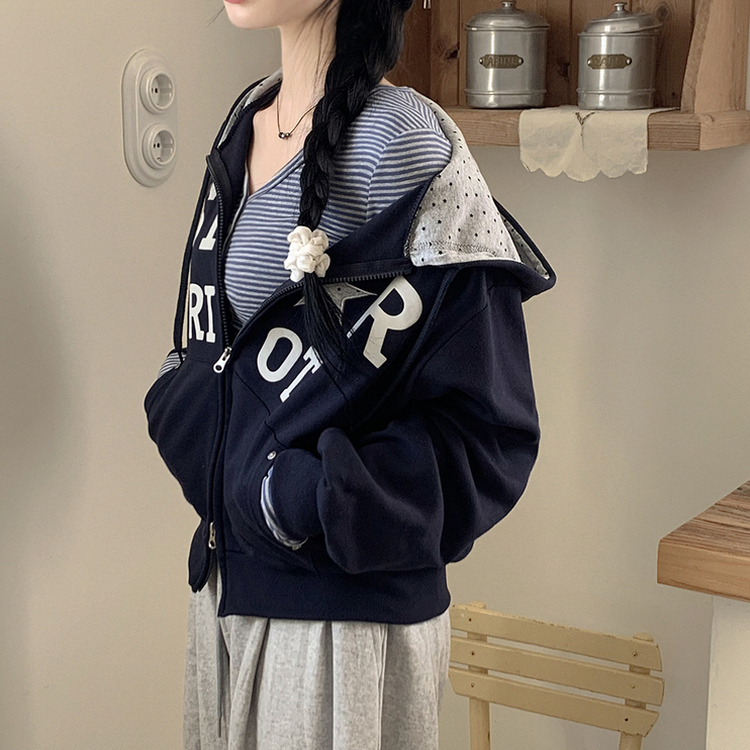 Y2Kセミクロップフードジップアップ DARK NAVY