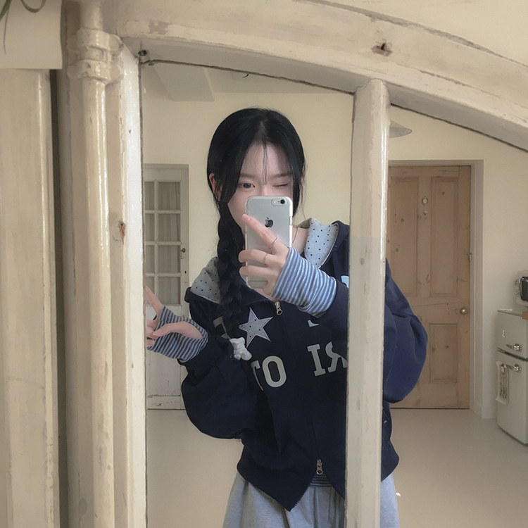 Y2Kセミクロップフードジップアップ DARK NAVY