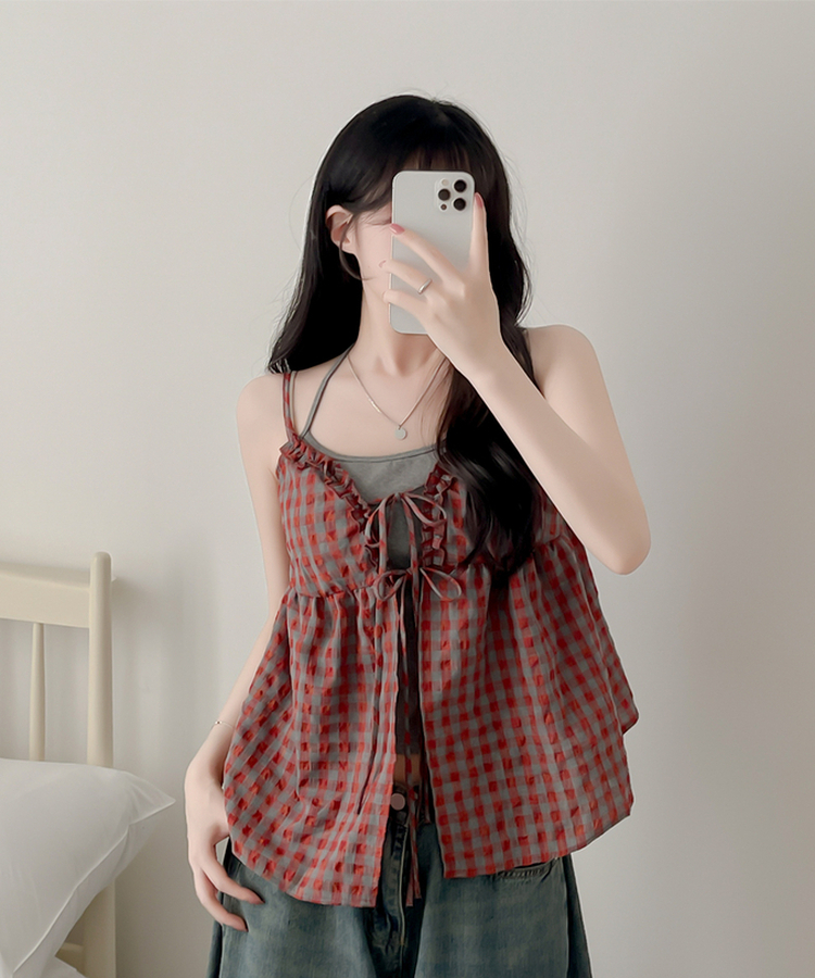【SET】チェックブラウス キャミソール RED