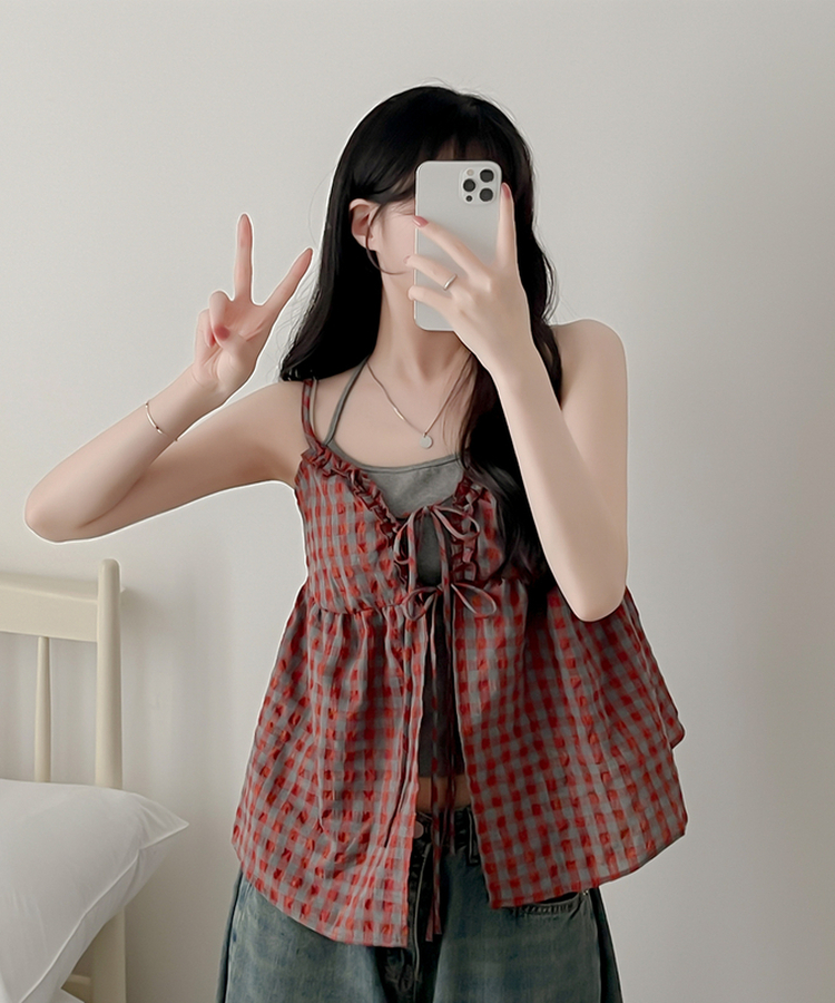 【SET】チェックブラウス キャミソール RED
