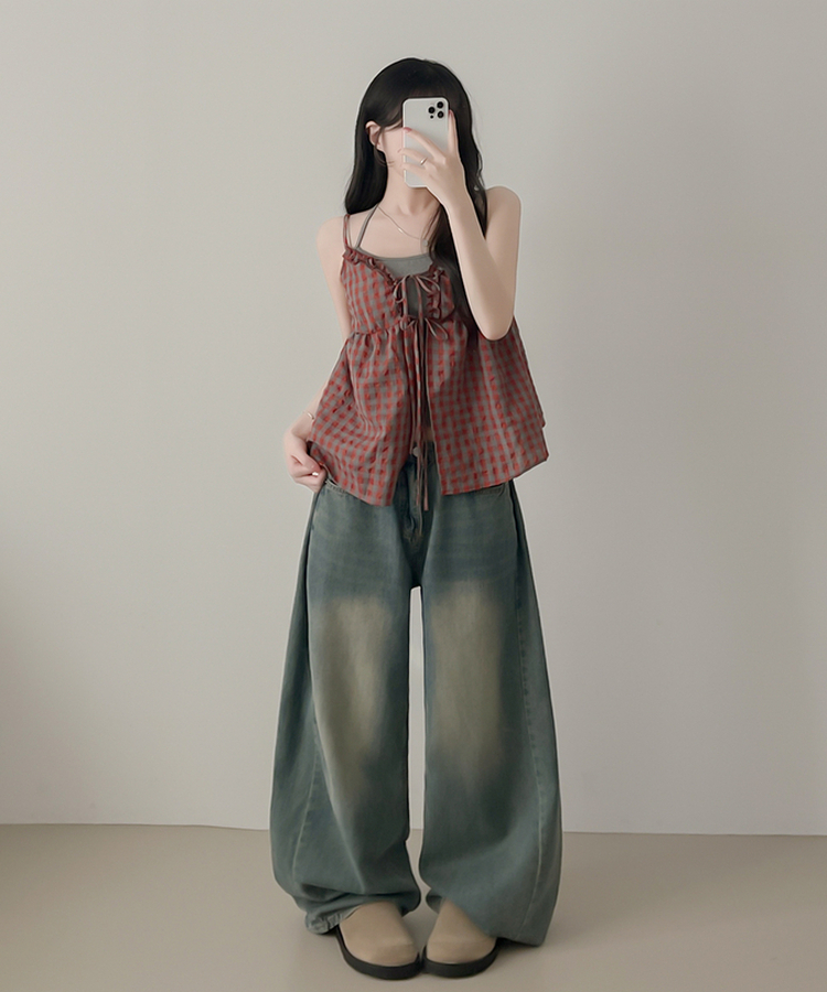 【SET】チェックブラウス キャミソール RED