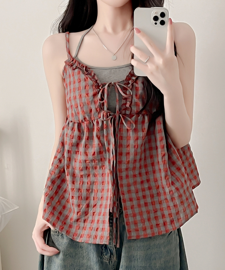 【SET】チェックブラウス キャミソール RED