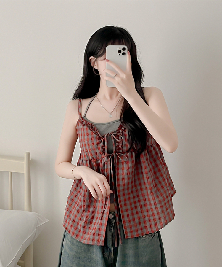【SET】チェックブラウス キャミソール RED