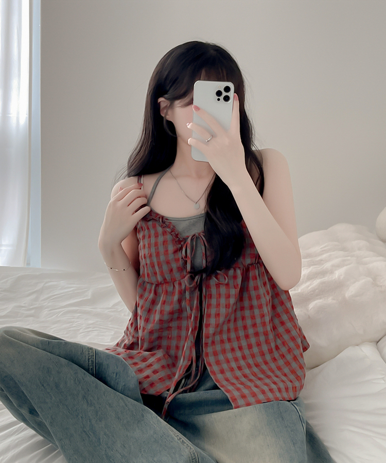 【SET】チェックブラウス キャミソール RED