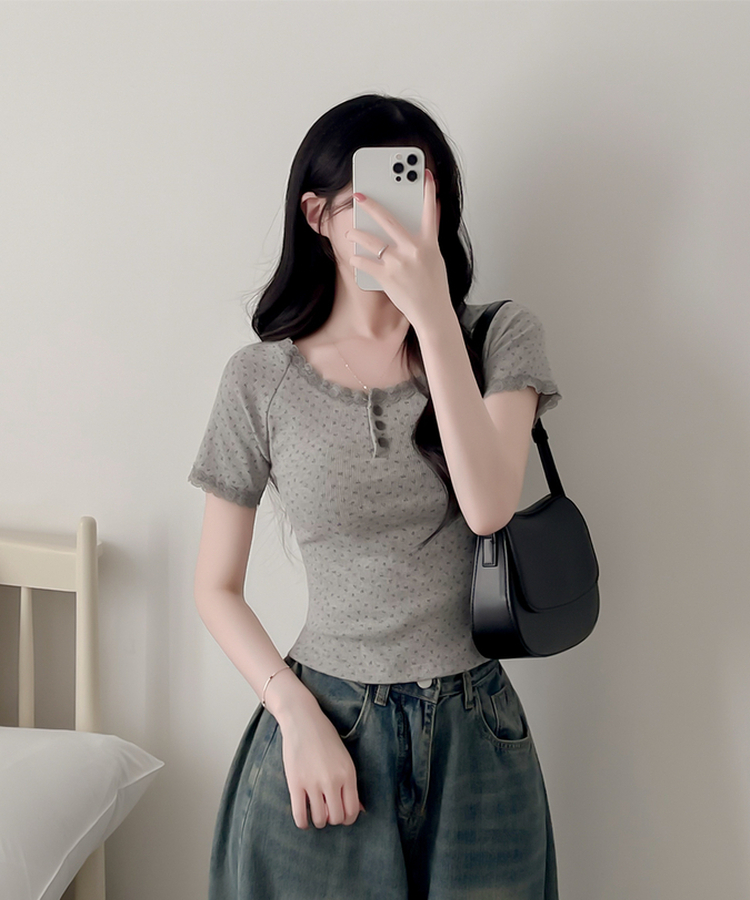 小花柄ボタン半袖Tシャツ GREY