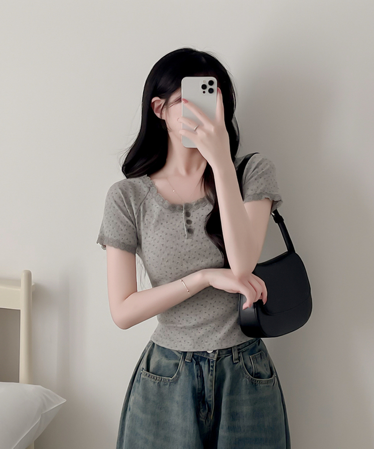 小花柄ボタン半袖Tシャツ GREY