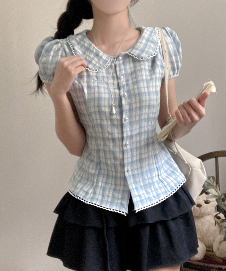 リボン刺繍パールボタンチェックブラウス SKY BLUE