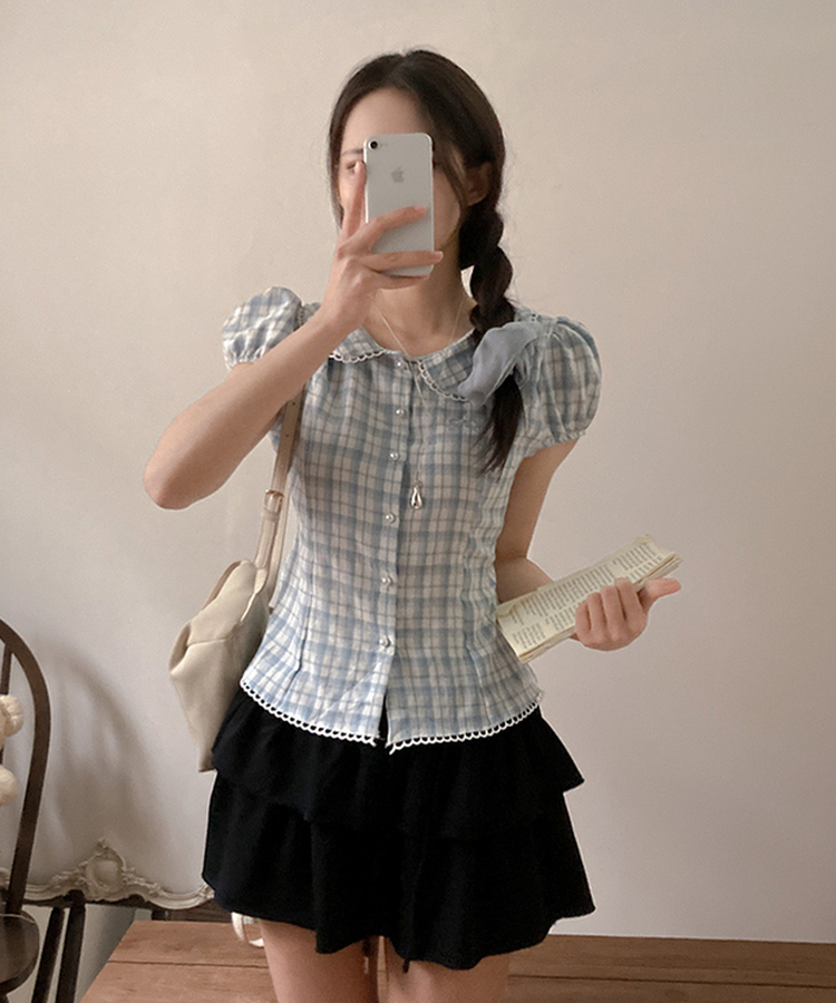 リボン刺繍パールボタンチェックブラウス SKY BLUE