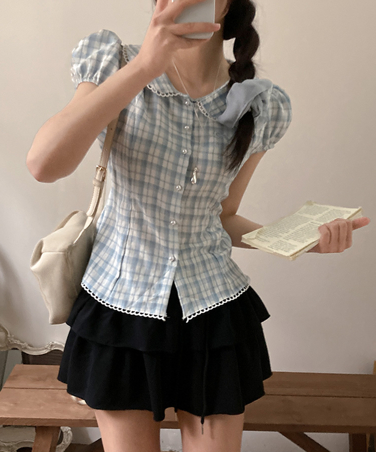 リボン刺繍パールボタンチェックブラウス SKY BLUE
