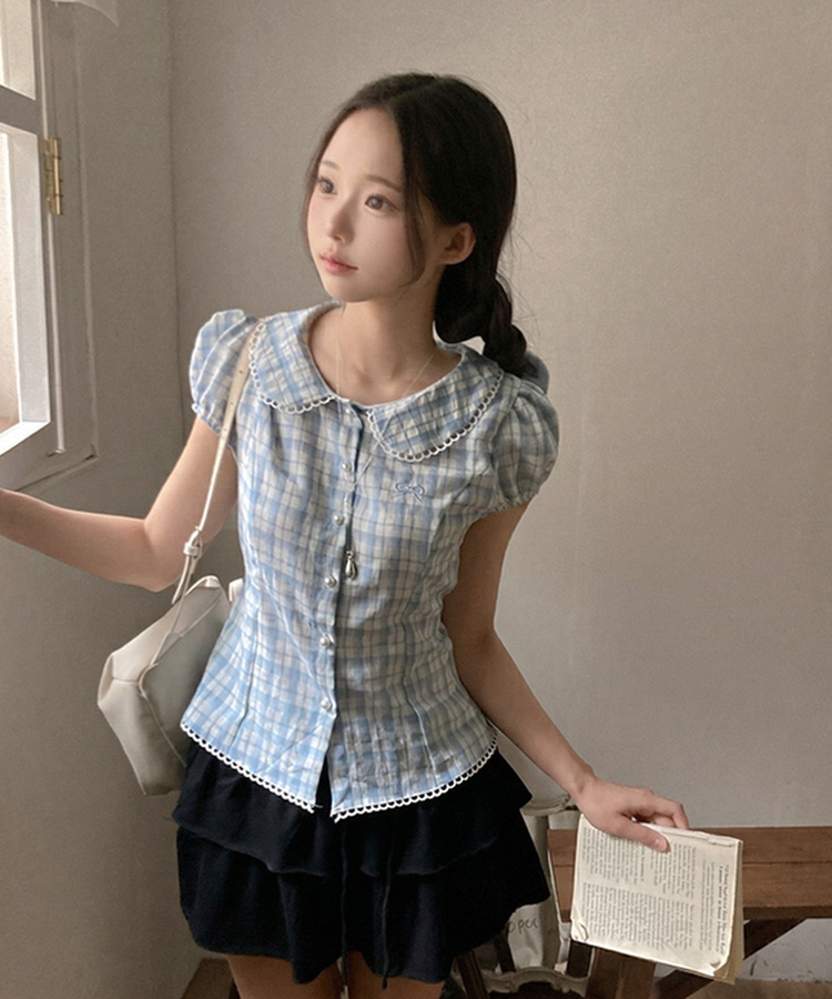 リボン刺繍パールボタンチェックブラウス SKY BLUE