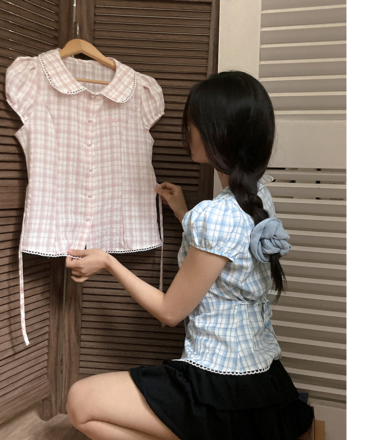 リボン刺繍パールボタンチェックブラウス SKY BLUE