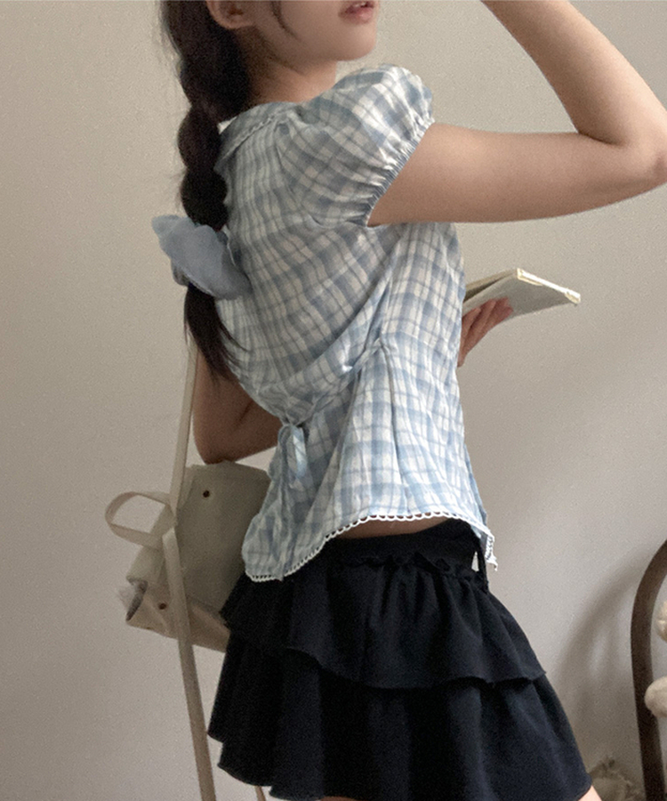 リボン刺繍パールボタンチェックブラウス SKY BLUE
