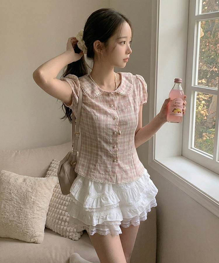 リボン刺繍パールボタンチェックブラウス PINK