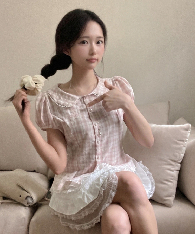 リボン刺繍パールボタンチェックブラウス PINK