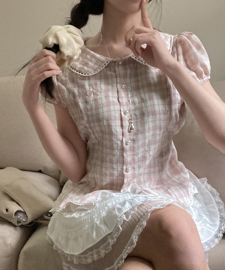 リボン刺繍パールボタンチェックブラウス PINK