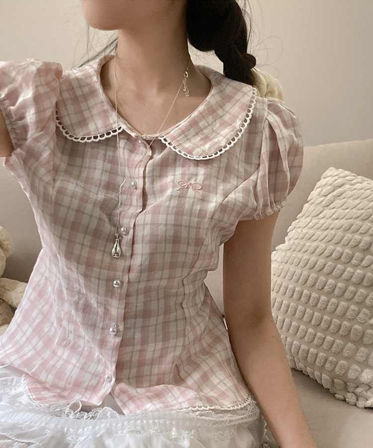 リボン刺繍パールボタンチェックブラウス PINK