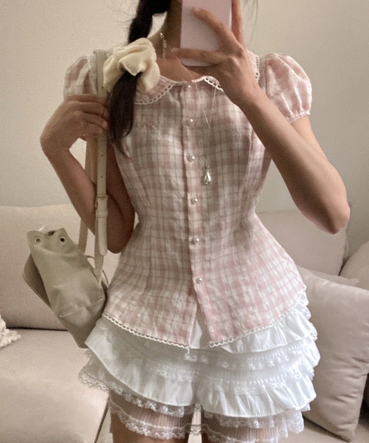 リボン刺繍パールボタンチェックブラウス PINK