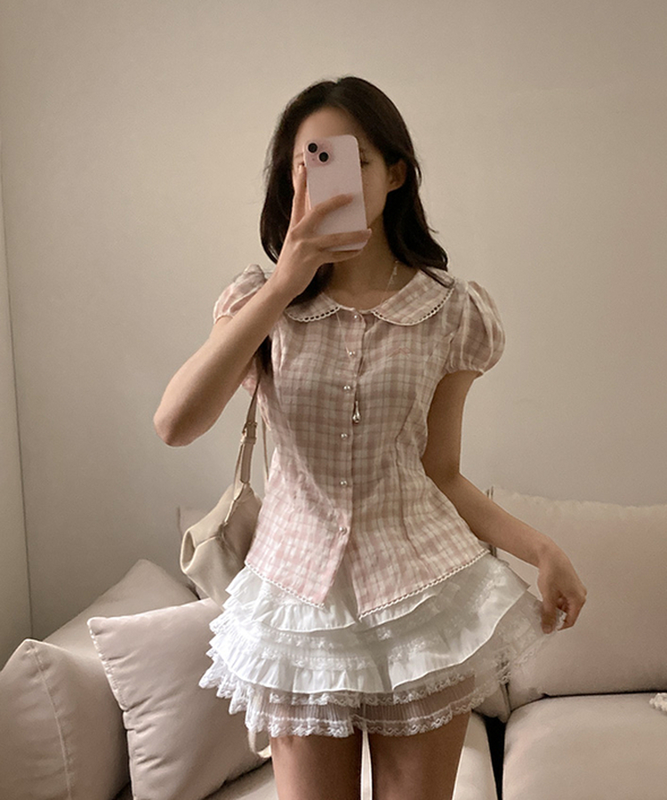 リボン刺繍パールボタンチェックブラウス PINK