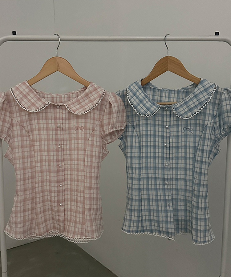 リボン刺繍パールボタンチェックブラウス