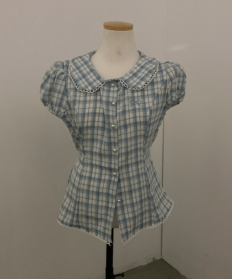リボン刺繍パールボタンチェックブラウス
