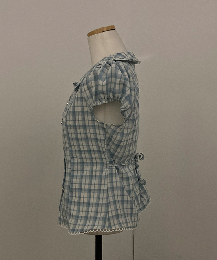 リボン刺繍パールボタンチェックブラウス