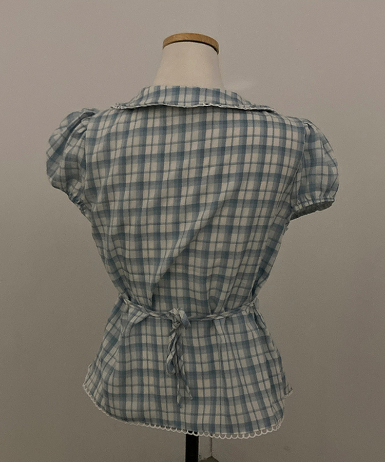 リボン刺繍パールボタンチェックブラウス