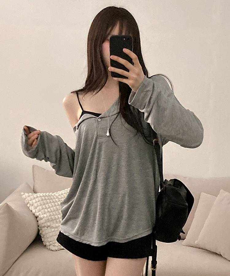 ボタンボックスフィット長袖Tシャツ GREY