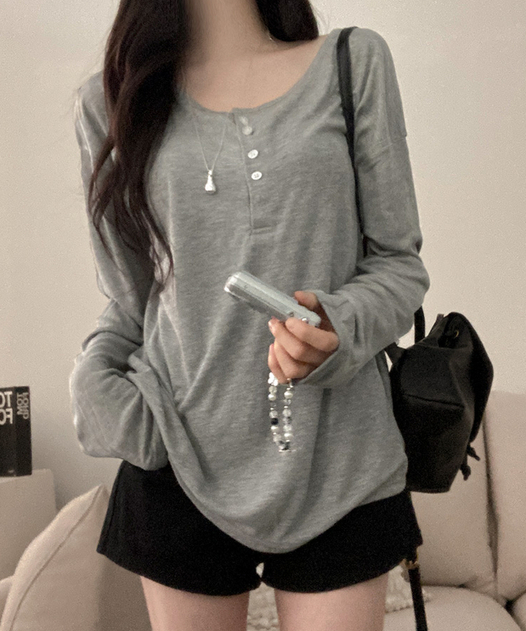 ボタンボックスフィット長袖Tシャツ GREY