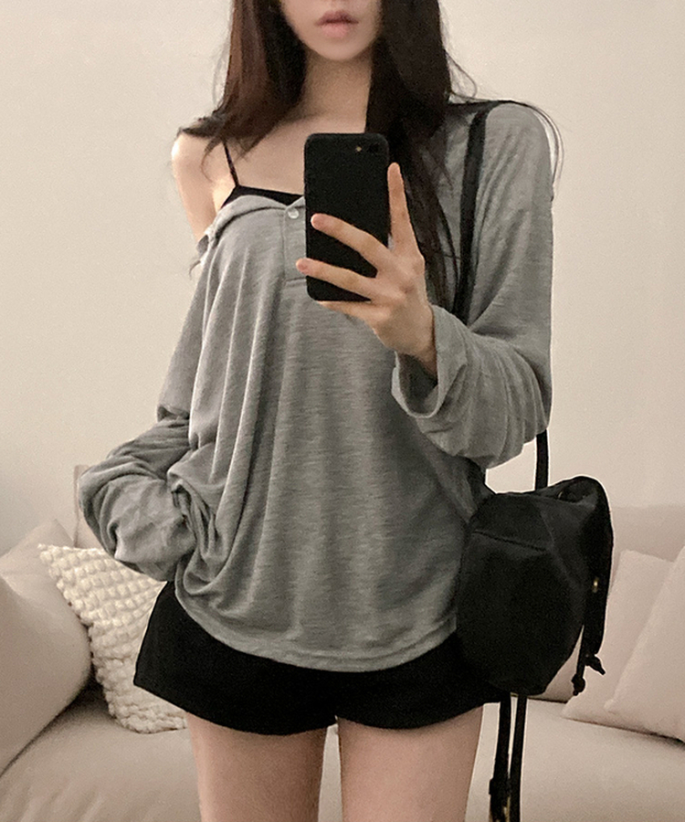 ボタンボックスフィット長袖Tシャツ GREY