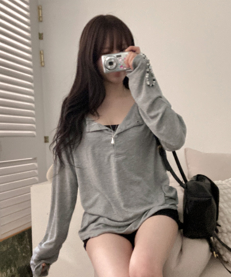ボタンボックスフィット長袖Tシャツ GREY