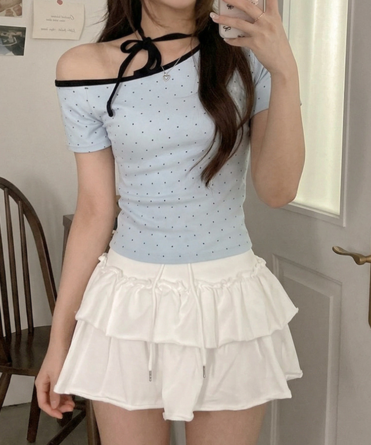 ドットオフショルダー半袖Tシャツ SKY BLUE