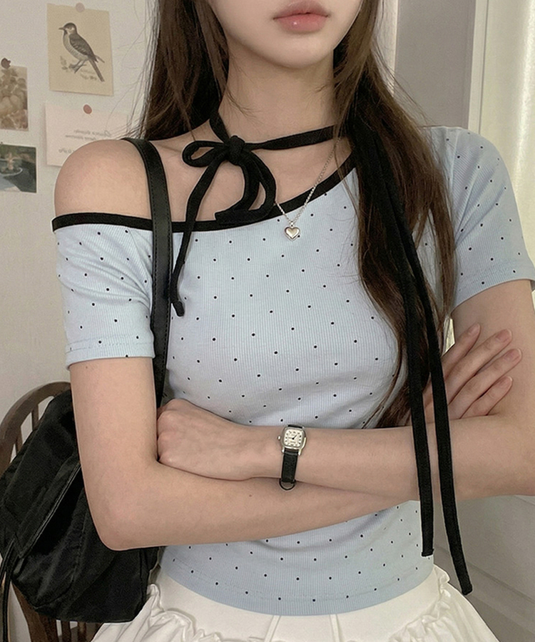 ドットオフショルダー半袖Tシャツ SKY BLUE