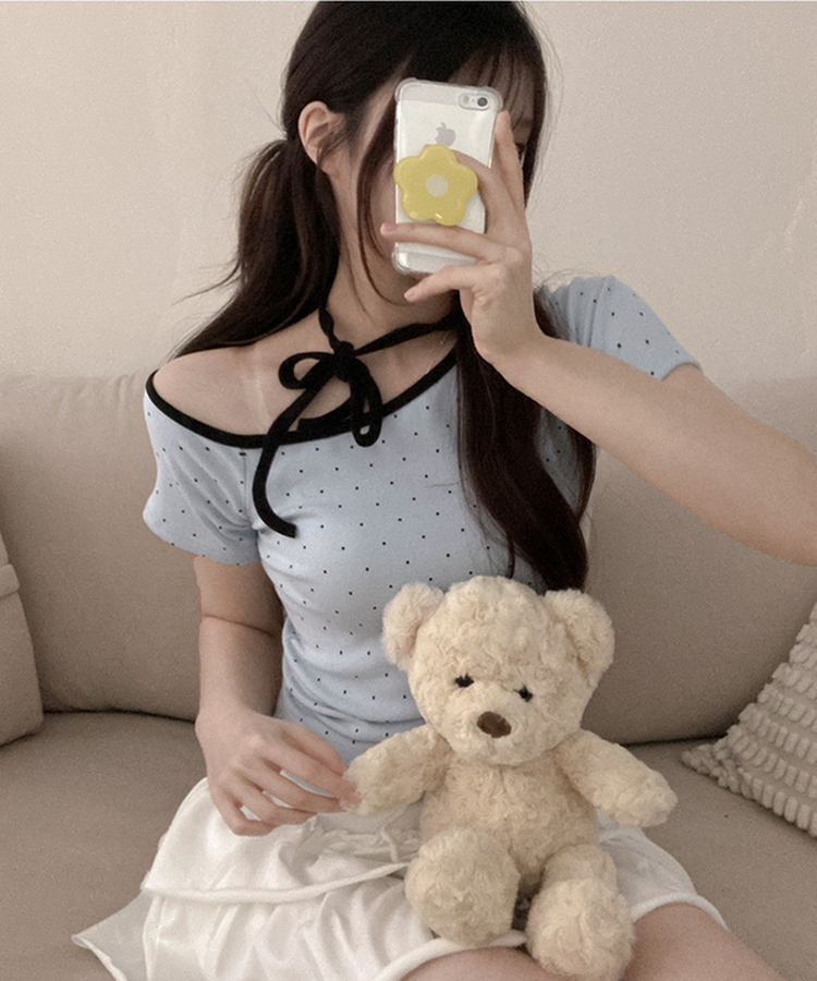 ドットオフショルダー半袖Tシャツ SKY BLUE