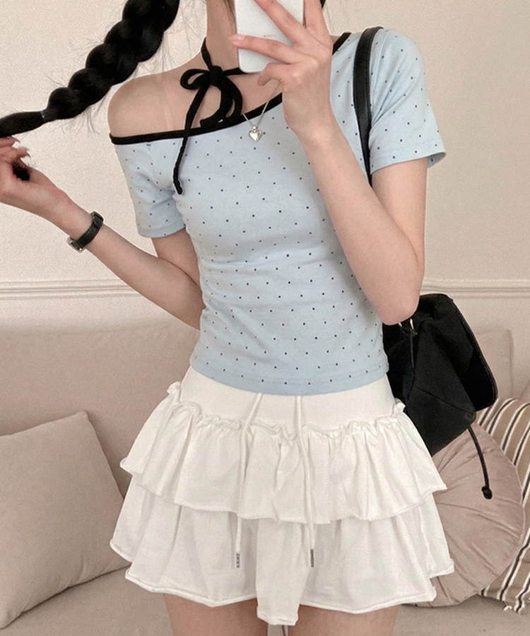 ドットオフショルダー半袖Tシャツ SKY BLUE