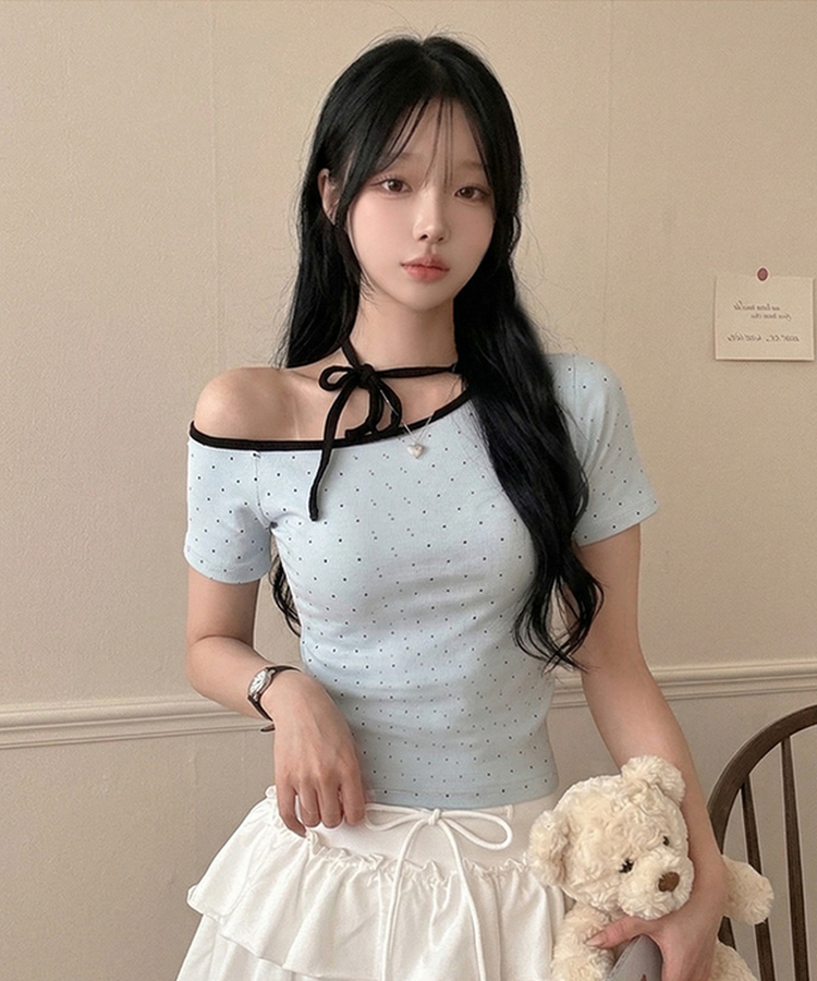 ドットオフショルダー半袖Tシャツ SKY BLUE